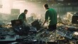 Workers at an e waste recycling plant sorting and dismantling used electronics.