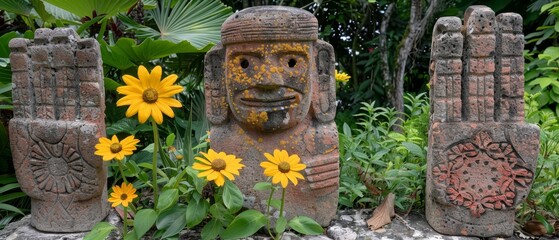 Wall Mural -   A collection of stone statues situated next to one another in a verdant field teeming with flowers, and a leafy green tree