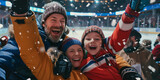 Fototapeta Koty - Excited parents and kids celebrating the victory of their team. Sports fans chanting and cheering for their ice hockey team. Family with children watching hockey match.