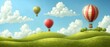   A collection of hot air balloons soaring above a verdant hillside under a sky dominated by blue and dotted with fluffy, white clouds