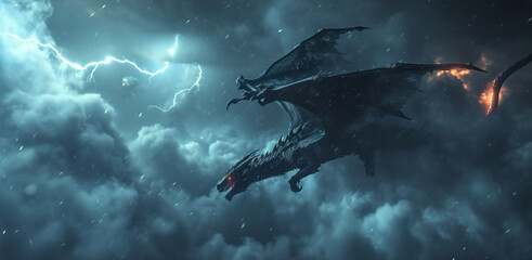 Wall Mural - Powerful dragon flying in sky with heavy clouds.
