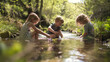 Children playing in a spring stream, laughing, moving rocks and exploring their surroundings