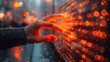  A hand, focusing on a clear touch against glass, surrounded by an out-of-focus backdrop of orange and red light emissions