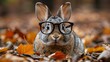   A tight shot of a bunny donning glasses atop a mound of leaves, surrounded by a forest backdrop
