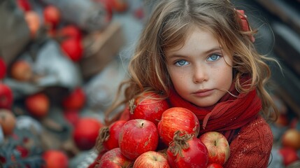 Wall Mural -   A little girl holds a full basket of apples before a larger apple pile