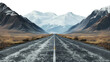 Desert road leading towards snow-capped mountains isolated on transparent background