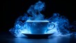   A cup sits atop a saucer, centered on a table Smoke intensely billows from it