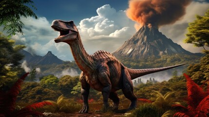 Wall Mural - dinosaur stands in prehistoric environment with a erupting volcano. photorealistic.