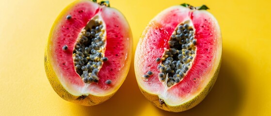   Two pieces of fruit atop a yellow-and-black table, adjacent to a yellow wall