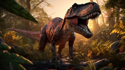 Wall Mural - dinosaur stands in prehistoric environment. photorealistic.