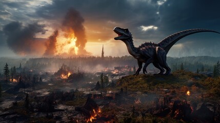 Wall Mural - dinosaur in fire flame in a burning forest. photorealistic.