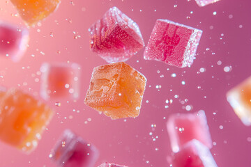 close up of falling colorful jelly candies , isolated on pink
