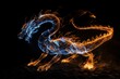 A dragon made from fire and lights over black background.