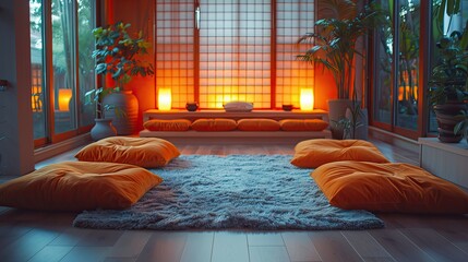 Sticker - Cozy, minimalist chamber with a focus on smooth textures and soothing, dim lighting for relaxation, solid color background, 4k, ultra hd