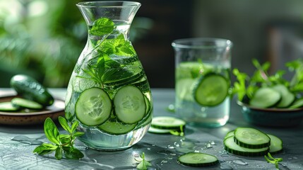 Wall Mural - Elegant carafe filled with cucumber-infused water, accented by fresh cucumber slices, solid color background, 4k, ultra hd