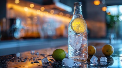 Wall Mural - Elegant, frosty bottle of sparkling water served with a slice of lime in a sleek, modern kitchen, solid color background, 4k, ultra hd