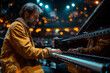 An attentive musician immersed in playing the piano on a vibrant stage setup with atmospheric lighting