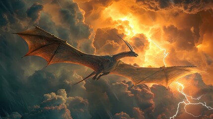 Wall Mural - flying dinosaur, pterodactyl, flying in thunderstorm. photorealistic.