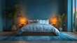 Serene bedroom with a simple, comfortable bed and a soft, glowing floor lamp, solid color background, 4k, ultra hd