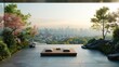 © Gefo - Serene meditation area on a secluded urban roof garden, with skyline views, solid color background, 4k, ultra hd