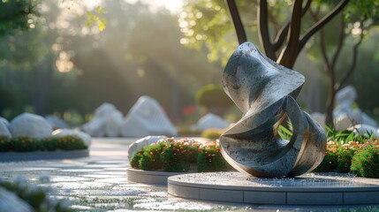 Poster - Serene corner in a public sculpture park, with artistic inspirations and open space, solid color background, 4k, ultra hd