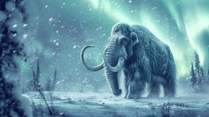 Wall Mural - mammoth walking in snow field in freezing winter with northern lights.