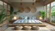Zen-inspired sleep area with a futon mattress and bamboo accents, promoting simplicity, solid color background, 4k, ultra hd