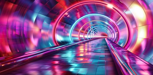 Wall Mural - Bright glowing tunnel in pastel tones of pink and blue. The concept of speed and future.