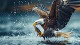 Fototapeta  - A bald eagle flying above water catching a fish in wild.