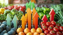 Illustration, Ascending Colored Arrows On The Vegetables In The Store, Represent The Increase In Food Prices.