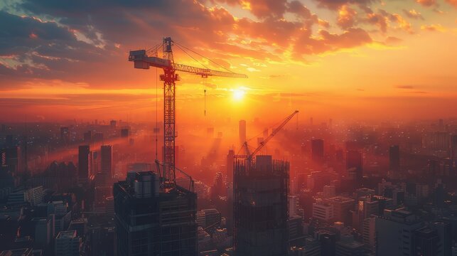 Advanced construction crane and futuristic cityscape