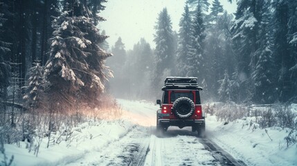 Sticker - SUV sports outdoor car with luggage on roof in snow field road in rugged land.