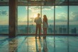 A young couple stands silhouetted against a vibrant sunset, contemplating the sprawling cityscape from a high-rise building under construction