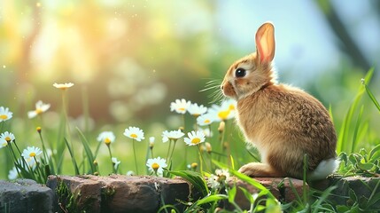 cute rabbit sitting on brick wall and green field spring meadow on grass and flower outdoor nature b