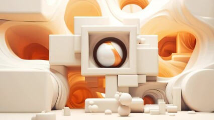Abstract three dimensional white cube scene illuminated in orange light