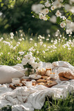 Fototapeta Natura - Picnic at blooming peonies meadow.Tablecloth on the grass in a park. Outdoors rest. Breakfast on the nature. Generative ai