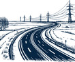 a high-voltage line running alongside an empty car road stretching beyond the horizon in a vector stencil drawing