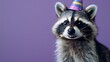 Festive clothing raccoon in birthday cap on violet background