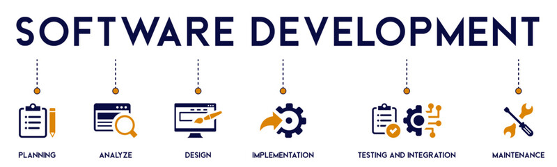 software development banner website icons vector illustration concept of with icons of planning, ana