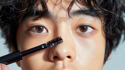 Asian person applying mascara, beauty and cosmetic routine close-up.