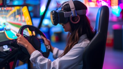 Wall Mural - People play car racing video games with VR headset in virtual world.