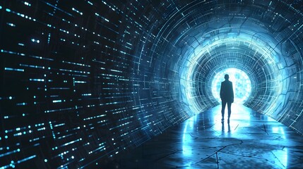 Blue Binary Code Tunnel in Digital Space