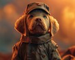 In a dream where valor and innocence merge, a 3D clay-rendered baby Labrador Retriever dons a soldier's uniform against a vivid, soft backdrop.