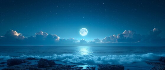 Wall Mural - An image of a peaceful background, a blue night sky with stars, beautiful clouds, and a glowing horizon.