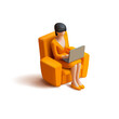Business woman sitting in an orange chair and working on a laptop, 3D isometric. For work design concepts, online meetings, management, comfort, remote work. Vector
