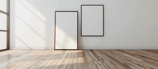 Poster - Empty room with wooden floor and picture frame by window