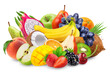 Fruits isolated. Fruit set of berries, bananas, oranges, peaches, coconut and grapes on a transparent background.