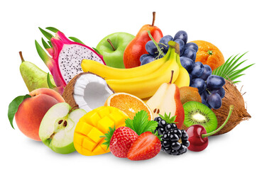 Wall Mural - Fruits isolated. Fruit set of berries, bananas, oranges, peaches, coconut and grapes on a transparent background.