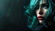 Close up of sad female model with short green hair AI generated image
