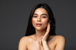 © F8  \ Suport Ukraine - High fashion model metal silver lips and face woman posing in studio,